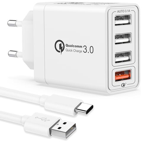 Caricatore USB Multiplo con Cavo USB C, 33W 4-Porte Presa USB Multipla Caricatore Rapido QC3.0 Spina USB Caricatore Carica Cellulare Alimentatore USB Caricabatterie per iPhone 16 15, iPad,Samsung S24