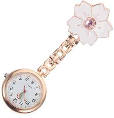LIFKOME Hängende Taschenuhr als Pflegeuhr mit Clip für Hemdkragen | Weiß, Blumenförmig, Mineralverstärktes Glas und Zinklegierung, für Stationsalltag