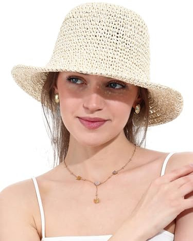 Chapeau de Soleil Femme en Paille Tressée Large Bord Reversible Plage Bob Pliable Été Voyage Protection UV UPF50+(Beige et Kaki)