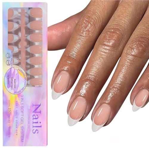 GZMAYUEN Press On Nails Square - 150Pcs French Tip False Nails, 3 IN 1 Soak Off Nude Short Nail Fake Tips for Gel Extensions in 15 Sizes