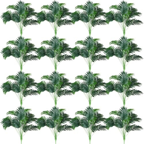 Tigeen 16 hojas de palma artificiales de 33 pulgadas, planta tropical falsa con tallos, gran hoja de palma sintética, arbusto para luau hawaiano, safari en la selva, fiesta en la piscina, playa, boda