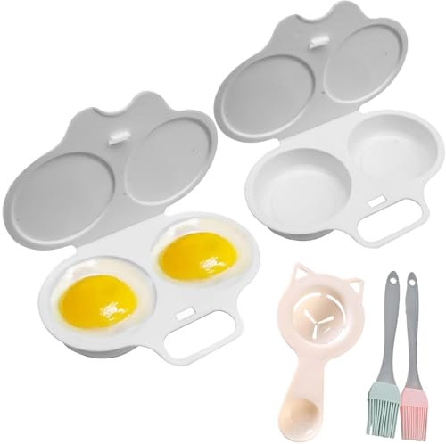 2Pcs Microwave Egg Poacher 2, Egg Poacher Microwave with 2 Brushes and 1 Egg Separator Tool, Quick Breakfast Solution for Busy Mornings, Compact Kitchen Accessories, White