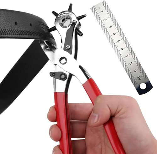 Belt Hole Puncher for Leather, Leather Hole Punch Tool with 10 cm Ruler, Adjustable 6 Interchangeable Sizes, Suitable for Belts Bands Straps Watch Strap Pet Collars Cards Saddles Shoes Cards ﻿