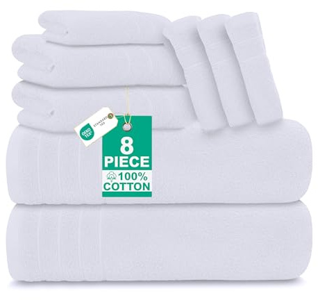 100% Cotton 8 Piece Towel Bale Set - Includes 2 Large Bath Towels, 2 Hand Towels & 4 Face Cloths - Super Soft, Quick Dry & Highly Absorbent Hotel Quality Bathroom Towels 450 GSM (White)