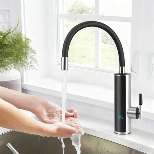 Calentador de agua para cocina, grifo eléctrico de 3000 W, grifo de manguera de silicona giratorio 360º, grifo de calefacción rápida, grifo de cocina caliente instantáneo con pantalla LCD de
