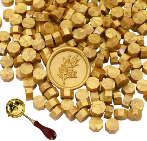 300 Stück Siegelwachs Perlen mit Schmelzlöffel, Gold Achteckige Wachssiegel Set für Stempel, Briefe, Einladungen, Karten, Umschläge, Geschenkverpackung, Hochzeit, Basteln