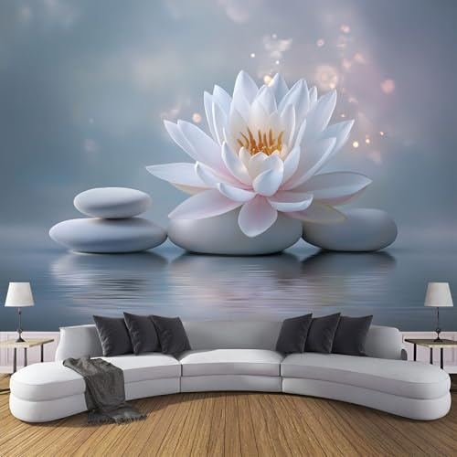 Fototapete Vlies Tapete Lotusblumen Gestapelte Steine, Fototapeten Vliestapete Tapeten Modern Zen Wandtapete, Wohnzimmer, Flur, TV Hintergrund Wandtapete 200×140cm(B×H) Poster Bilder Grau