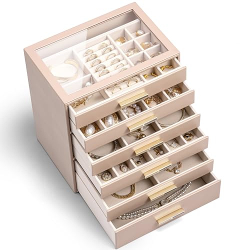 VLANDO Schmuckkästchen Groß,Schmuckaufbewahrung mit 6 Ebenen,PU leader | Schmuck Organizer für Halsketten, Ohrringe, Uhren, Armbänder，Wohndekoration, Geschenk für Damen,Milchkaffee