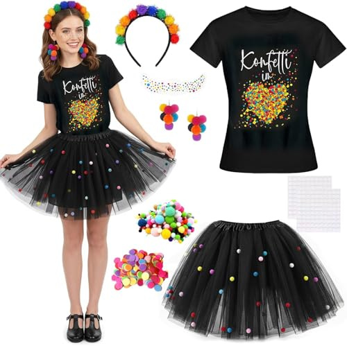 Konfetti Kostüm Damen Set, Karneval Kostüm mit Konfetti Im herzen T-Shirt Damen, Tüll-Tutu-Rock, Gesichtssticker, Haarreif Pompons Bunt, Ohrringe Fasching, Pompons, für Fasching Mottoparty