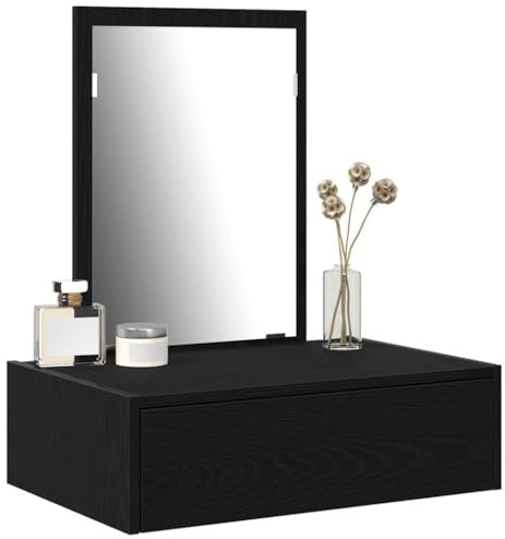 Tomostar Wand-Schminktisch mit Spiegel, Schminktisch zum Aufhängen, mit Schublade, Toilettentisch, Wandmontage, Schwarz, 60 x 40 x 70 cm