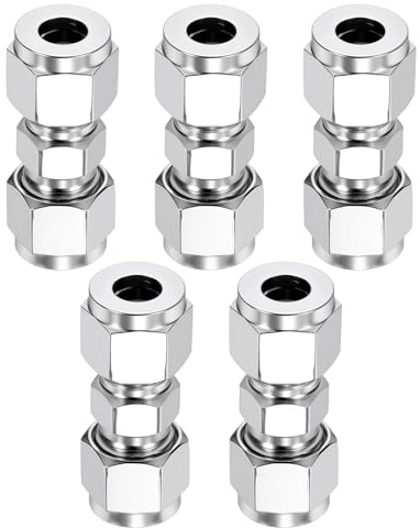 Kozelo 5 Pack SUS304 5/16 OD Compression Union Coupling Connector | 304 Stainless Steel Compression Tube Pipe Fitting,Straight Coupler Adapter Pipe Fitting W/ Double Ferrules for Air,Water,Oil