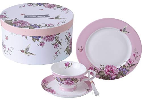 London Boutique Juego de 3 Tazas de té y platillo de café de 7.5 Pulgadas, 3 Platos de Postre de Porcelana Vintage con pájaros, Mariposas, Caja de Regalo Floral (Rosa)