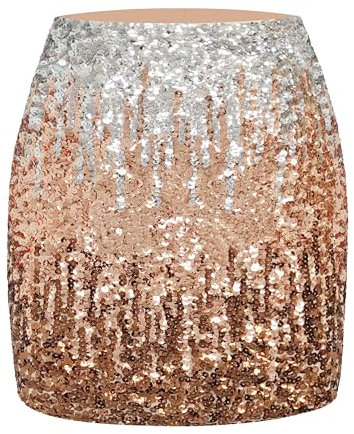 MANER Damen Pailletten Rock Glitzer Stretchy Bodycon Mini Rock Night Out Party, Silber/Roségold/Kaffee, Groß