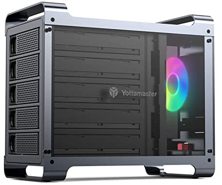 5 Fach FestplattenGehäuse, Yottamaster Spielorientiert Aluminium Externes Festplattengehäuse für 5 X3.5/2.5 HDD/SSD, Externes Speichersystem für Spiele mit 80mm Leise RGB Lüfter & 150W Innennetzteil