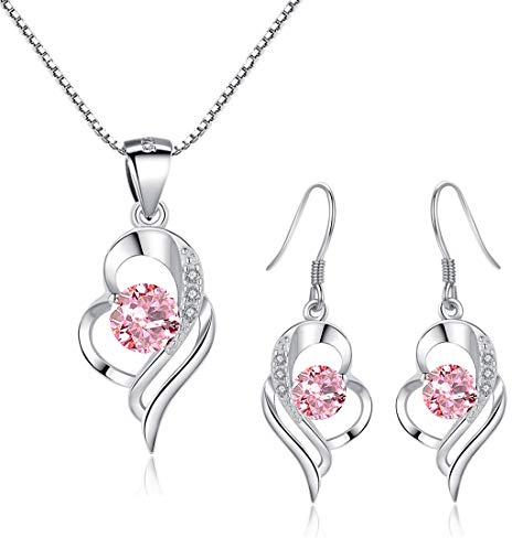 Kamise Jewellery Set for Women, 925 Sterling Silver Heart Pendant Necklace & Hook Drop Earrings with Pink Zirconia, Hypoallergenic Heart Teardrop Women's Jewellery Sets, Classical Jewelry for Women