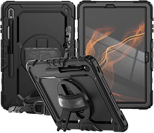 CLARKCAS Coque pour Galaxy Tab S7 Plus 12,4 2020 (SM-T970/T975/T976), [Protection d'écran intégrée] Coque de protection antichoc robuste avec porte-stylo S pour Samsung Galaxy Tab S7+, Noir
