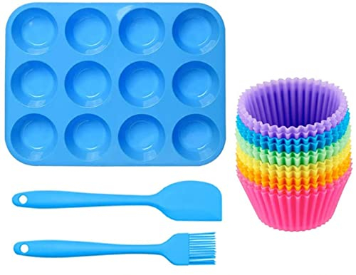 Queta Molde de Silicona para Pasteles, Bandeja para Hornear Muffins, 12 Cavidades,Molde de Pastel Antiadherente con 1 Espátula + 1 cepillo + 12 Taza de Muffin Reutilizada Azul