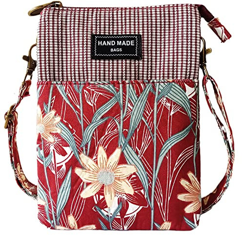 LassZone Joli sac à main en toile pour téléphone portable, portefeuille, motif feuilles, petite pochette à monnaie pour femmes et filles, Style 2 : fleur rouge, Taille unique