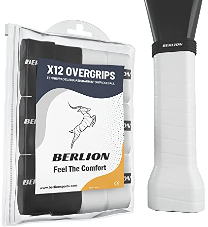 BERLION - 12 Overgrip Padel Pala o Grip Cinta Raqueta Tenis - con Goma o Anillo Protector de Empuñadura Padel Rugoso (Blanco y Negro)
