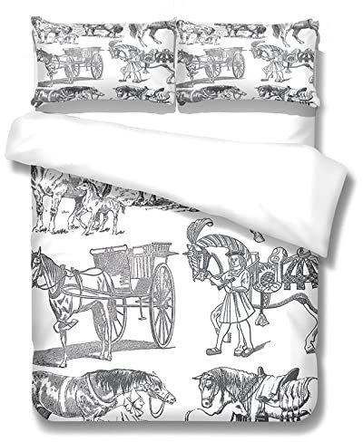 Bettwäsche 135x200 cm + Kissenbezug 80x80 cm, Weiche und Angenehme Mikrofaser Bettzeug Set (Bettbezug + 2 Kissenbezüge) mit ReißVerschluss, graue Kutsche Muster