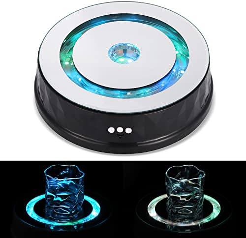 Flyrivergo Rotating Display Stand LED Colorful Light 360 Degree Motorized Turntable Mirror Base Stand for Cup Crystal Glass Spherical Jewelry Display Party Decoration