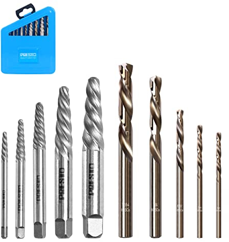PRESTO Screw Extractor and Left Hand Cobalt Drill Bit Set- Broken Bolt Remover HSS M35, 10pcs with Metal Index Case…