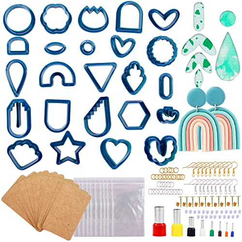 KRUCE 24-teilige Ausstechformen aus Polymer-Ton, verschiedene Formen aus Kunststoff-Ton-Ohrring-Ausstecher mit Ohrringkarten, Ohrring-Haken für die Schmuckherstellung aus Polymer-Ton (Blau)