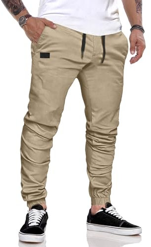 JMIERR Pantalones de Trabajo Hombre Casuales Deporte Elásticos Joggers Largos Pants con Bolsillos Algodón Slim Fit Cargo con cinturón con cordón, Caqui M