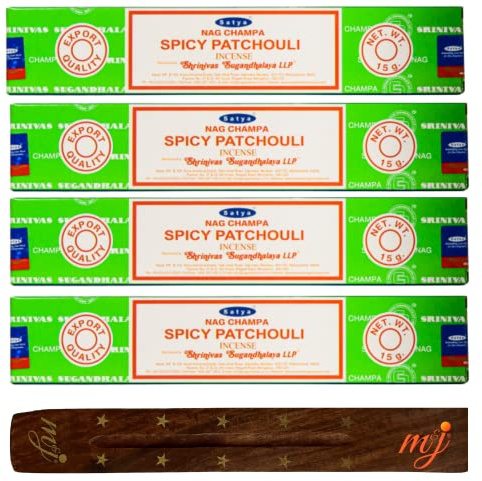 Original Satya Nag Champa Spicy Patchouli Incense Sticks | with M&J incense sticks holder | x4 pack | for Aromatherapy, Spa, Yoga, Weddings, Meditation, Healing, Positivity and Relaxation