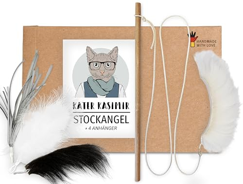 Katzenangel Set (4 tauschbare Anhänger), Spielangel für Katzen. Die Angel besteht aus Holz, ist lang und stabil