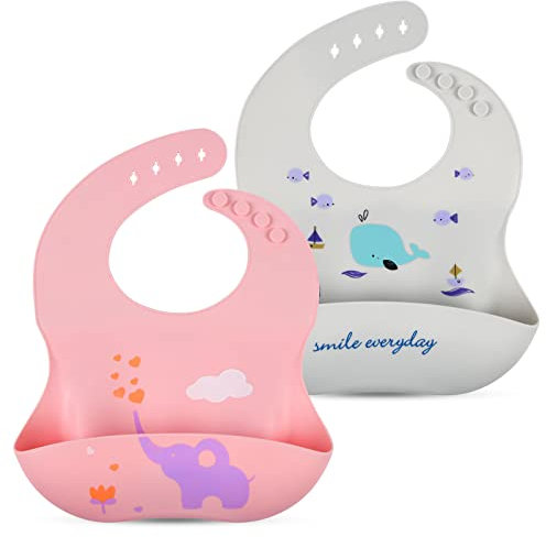 Vicloon Silikon Baby Lätzchen, 2 Stück Silikon Baby Lätzchen, mit Auffangschale, BPA Frei, Einfache Reinigung, Wasserdicht Silikon-lätzchen für Jungen Mädchen, Rosa Elefant-Grau Wal