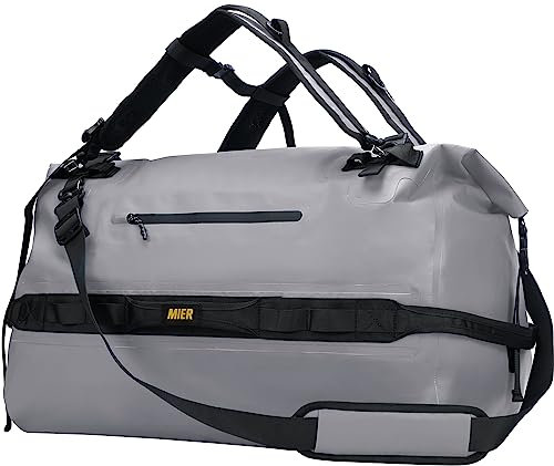 MIER Wasserfeste Reisetasche Duffle Bag mit Rucksackfunktion Rolltop Sporttasche für Seesack, Schwimmentaschen, Fitnesstasche,Segeltasche oder Motorradtasche, Strand,Grau-80L