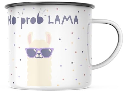Emaille Tasse No Problama - Lama Motiv - 300 Milliliter Kapazität, Spülmaschinenfest, lustiges Geschenk für Familie, Partner und Freunde - Für jeden Anlass
