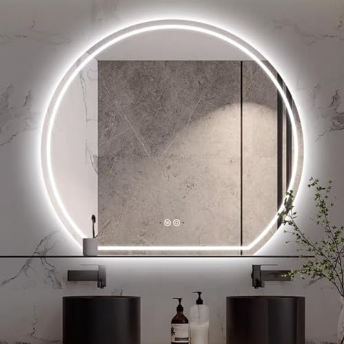 LED-Spiegel For Badezimmer, Halbrunder Rahmenloser Beleuchteter Spiegel, Asymmetrischer Schminkspiegel, Dekorativer Spiegel, 3-farbig Dimmbar, Beschlagfrei, Touch-Taste, Explosionsgeschützt, IP44 ( Si