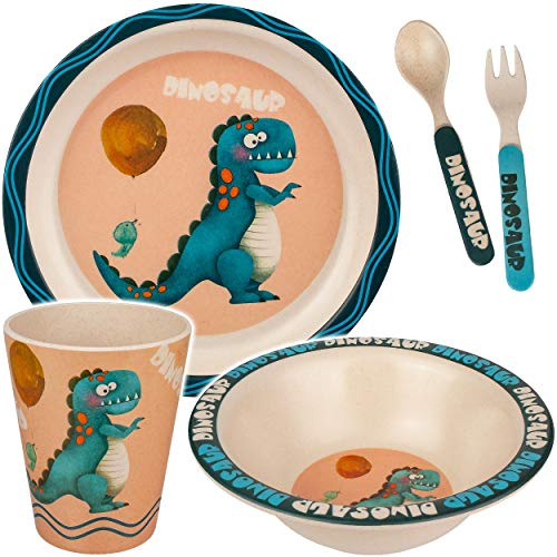 alles-meine.de GmbH Geschirr Artikelwahl 5 TLG. Geschirrset - Dinosaurier - Trinktasse + Teller + Müslischale + Besteck - Kindergeschirr - Frühstücksset für Kinder - Jungen J..