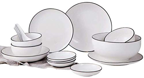 LIFENGFF Ensemble d'assiettes à dîner, Plats/Assiettes/Bols, Ensemble de dîner Simple en Porcelaine Blanche et Noire de 18 pièces, Service pour 4 Personnes