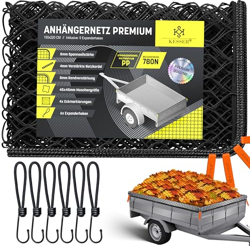 KESSER® Anhängernetz 1,5x2,2m feinmaschig | Hängernetz mit Spannseil & Netzkordel | Containernetz für Ladungssicherung | Sicherungs-Netz Eckmarkierungen Expander-Haken & Befestigungsknöpfen Schwarz