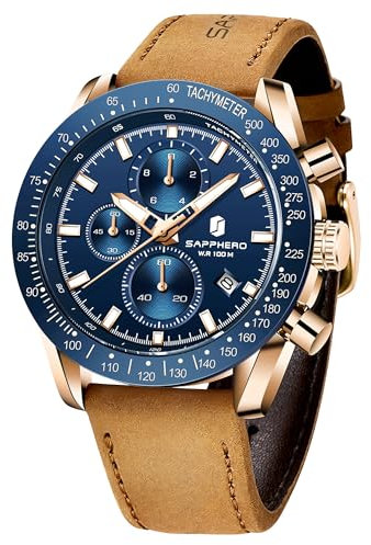 SAPPHERO Herren-Armbanduhr, Lederarmband, Quarz-Uhrwerk, Multifunktions-Chronograph-Uhr, leuchtend, Kalender, wasserdicht, kratzfest, luxuriös, Business, Freizeit, Sport, Goldblau, 2108-GOLDBLUE