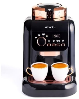 Arcadia Automatic Turkish Coffee Maker, Direct-to-Cup, Digital Control, LED Display, Brewing Temperature Adjustment, Slow Brew Option, 1 or 2 cups, 1L capacity, Auto-Wash, Black, 700W, 3-pin UK Plug
