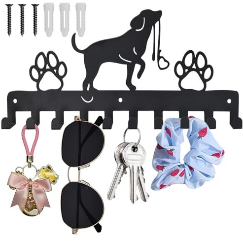 ZYFC Iron Dog Key Holder with 10 Hooks, Black, Contemporary Style, Wall Mounted, 30cm x 12.5cm