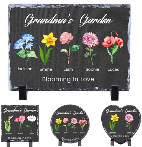 WACAR Personalisierte Gartensteine, Geburtsblume Gedenksteine mit Namen/Text, Omas Garten Stein für Draußen, Personalisierte Muttertag/Geburtstagsgeschenke für Mama/Oma