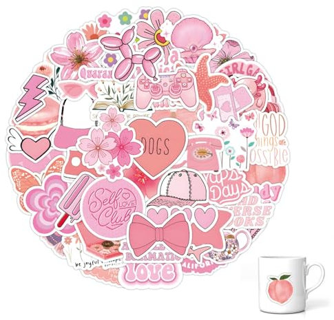 60 Pcs Pink Stickers, Waterproof Girly Cute Stickers Vinyl Girls Stickers Kawaii Aesthetic Stickers for Water Bottles Laptops Luggage Scrapbook