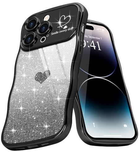 Teageo Cute Heart Pattern Curly Phone Case for iPhone 14 Pro Max, Wave Frame Glitter Case for Girls Women Aesthetic Bling Cover Shockproof Soft TPU Bumper for iPhone 14 Pro Max, Black