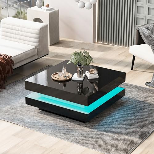 Merax Table basse de salon - Noir brillant - Carré - Avec éclairage LED - Moderne - Pour salon, bureau, réception - Contrôle Bluetooth - 70 x 70 x 36 cm