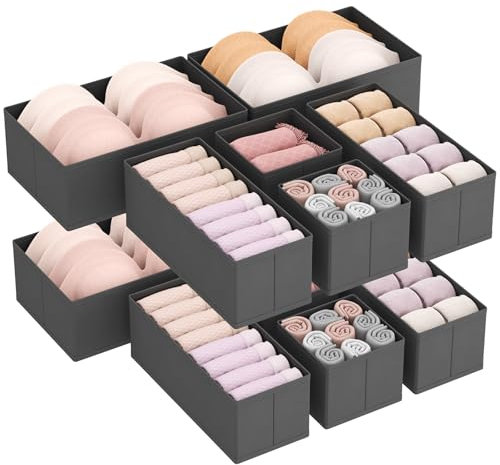 Lifewit 12 Piezas Organizador Cajones de Plegable, Almacenaje Ropa Interior para Armario Vestidor Dormitorio Estantes, Caja Almacenamiento para Separador Calcetines/Corbatas/Cinturones, Gris