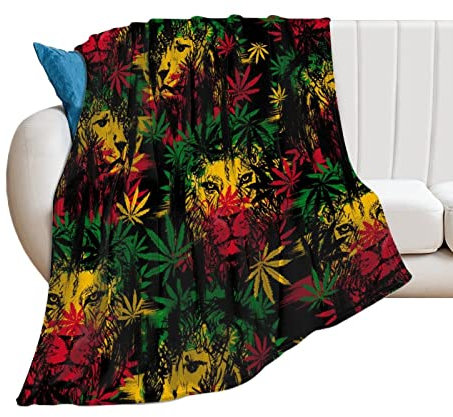 Fleecedecke – Überwurfdecke – superweiche Decke für Bett, Sofa, Couch, Camping und Reisen – ultragemütliche, warme Decke für Frühling, Sommer, Herbst und Winter (60 x 80, Jamaica Rasta Lion Leaves)