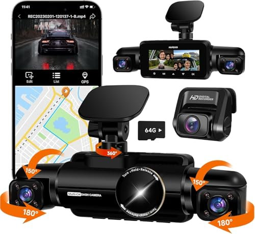 4K Dash Cam Front and Rear Inside, 4K+1080P*2 Dash Camera for Cars, 360° 4 Channel 3K+1080P*3 Car Camera, 5GHz Wi-Fi GPS Module, Include 64GB SD Card, Voice Control, Night Vision, 24H Parking Mode V90