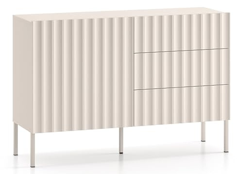 Selsey Kommode Aufbewahrungsschrank 1 Tür 3 Schubladen Schrank Schubladenschrank Push to Open Soft Close Mit Gerillten Fronten 113 cm Hellbeige Derriva