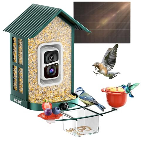SOLIOM BF08S Vogelhaus mit Kamera,Vogelfutterspender für den Hinterhof, Vogelfutterhaus mit Video Aufnehmen,WiFi Kamera Smart Vogelfutterautomat mit Solarpanel Stromversorgung & KI-Vogelerkennung