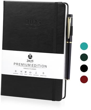 JIANTA Terminkalender 2025, Planer 2025 A5 (Januar 2025 - Dezember 2025), Tagesplaner 1 Tag 1 Seite, Kalender Buchkalender 2025 mit Mantstaben, Gel-Stifte - Schwarz